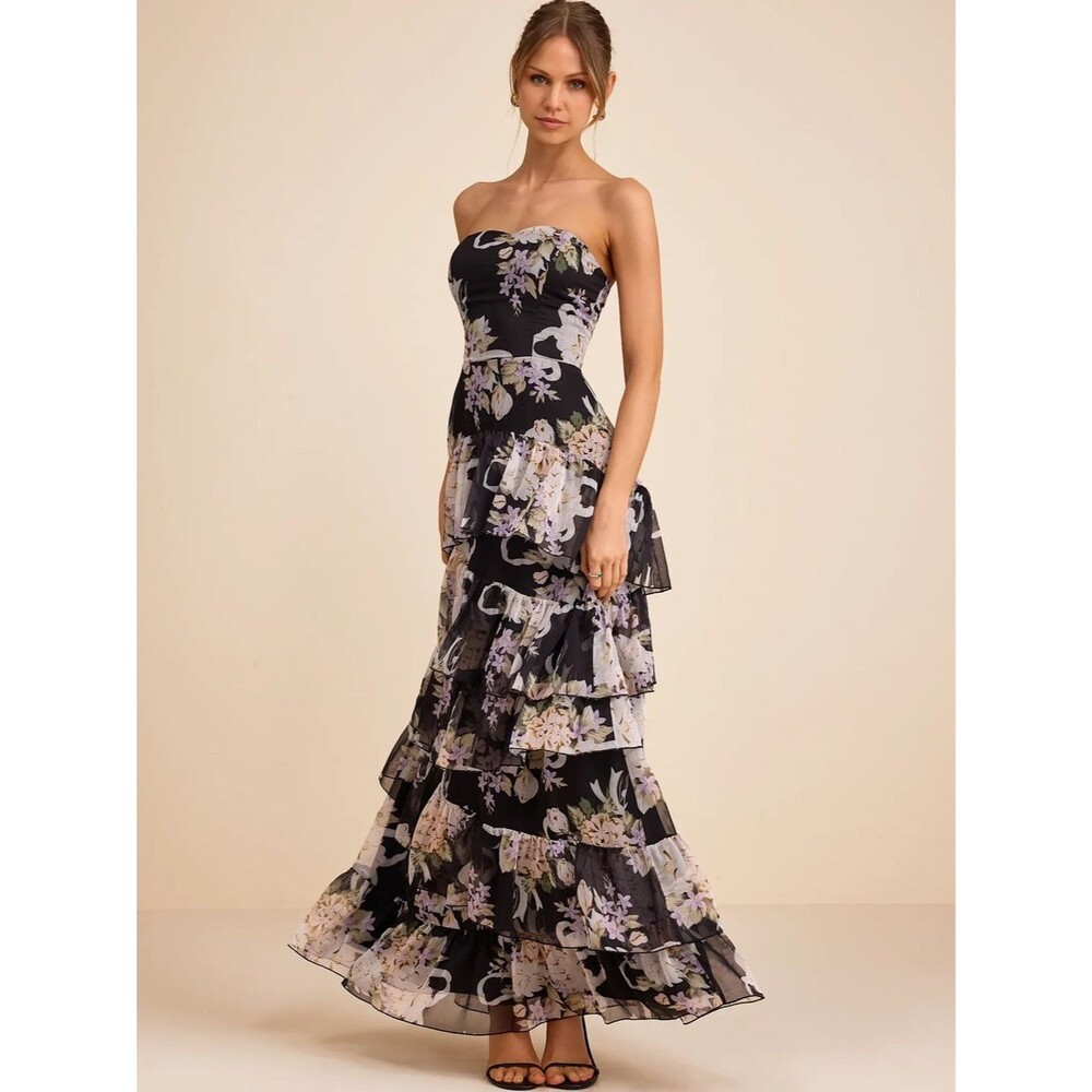 Lulus Niyati Black Floral Strapless Tiered Maxi Dress Size XL